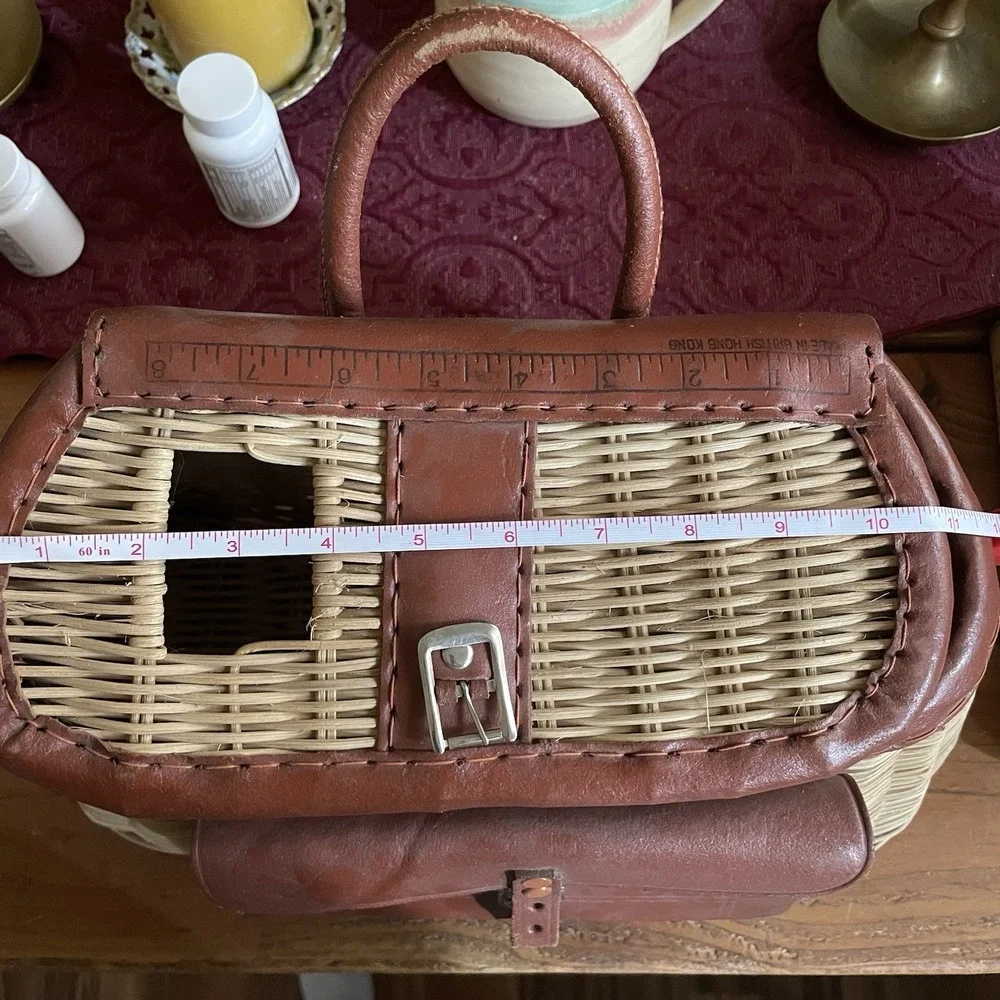 Vtg Wicker and Leather Creel Basket W/Pouch Made in British Hong Kong